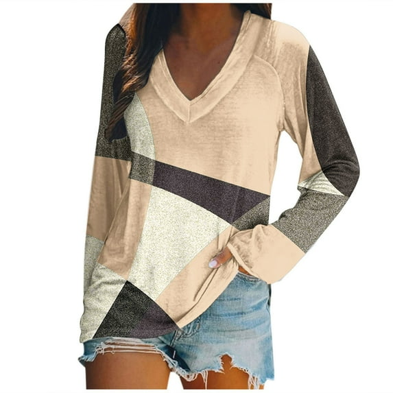 KIHOUT Women's Casual Tops 2024 Fashion Classic Color Block V Neck Blouse Fall Basic Loose Fit Pullover Shirts Long Sleeve Tunic Tops