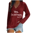 thumbnail image 1 of KIHOUT Women's Casual Tops 2024 Fashion Classic Letter Printing V Neck Blouse Fall Basic Loose Fit Pullover Shirts Long Sleeve Tunic Tops, 1 of 4