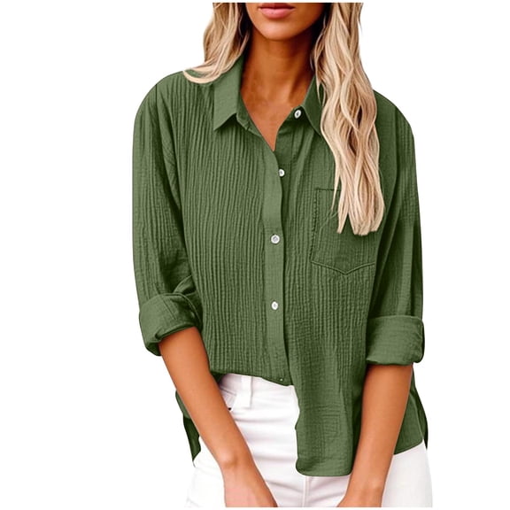 KIHOUT Women's Collared Button-Down Crinkle Texture Long Sleeve Solid Color Oversized Shirt for Spring Summer Fall Casual Office Daily Wear