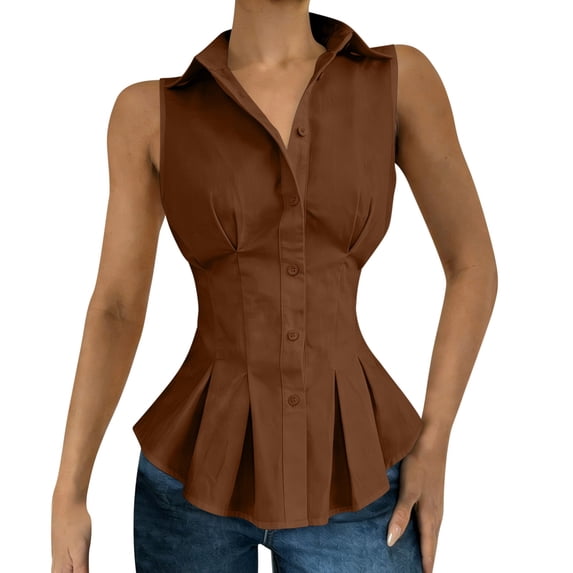 KIHOUT Women's Collared Sleeveless Peplum Blouse, Button-Down Corset Style Shirt, Fitted Waist Flared Hem Casual Summer Top for Women