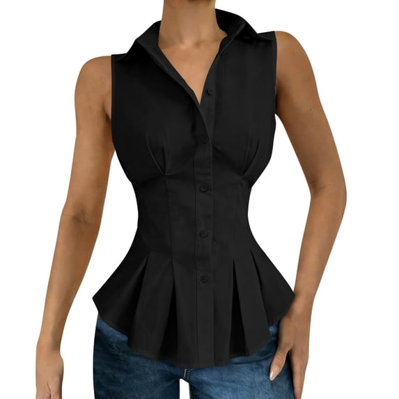 KIHOUT Women's Collared Sleeveless Peplum Blouse, Button-Down Corset Style Shirt, Fitted Waist Flared Hem Casual Summer Top for Women