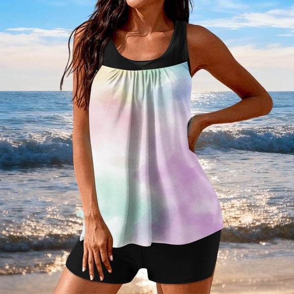 KIHOUT Women's Conservative High-Waisted Watercolor Print Tankini Swimsuit Long Torso Tank Top Removable Padded Bra Beach Pool Set