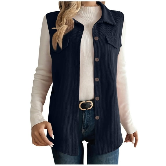 KIHOUT Women's Corduroy Vest Sleeveless Button Down Waistcoat Casual Long Lapel Solid Color Vests