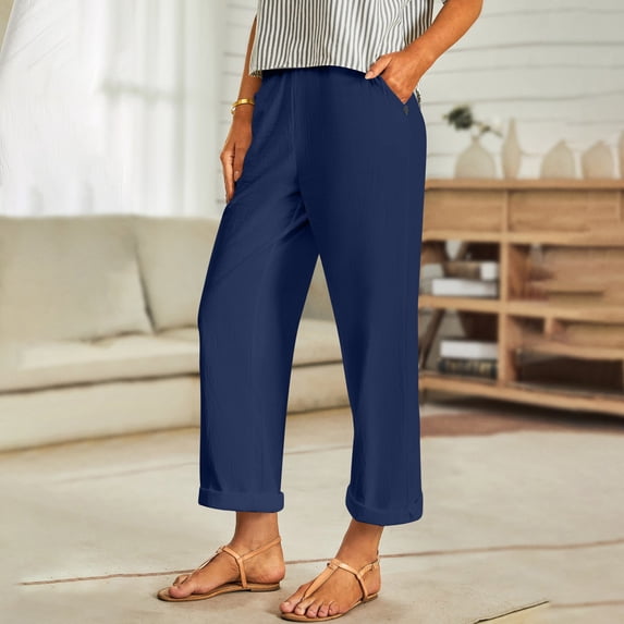 KIHOUT Women's Cotton Linen Blend Elastic Waist Wide Leg Ankle Pants Side Pockets Casual Trousers for Spring Summer Daily Wear