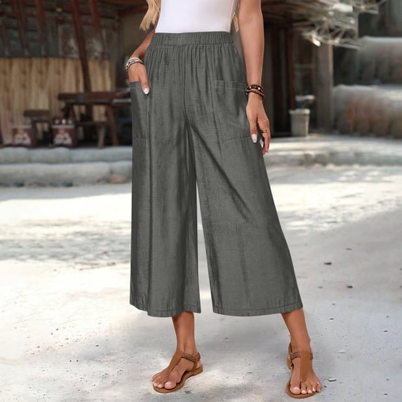 KIHOUT Women's Cotton Polyester Blend Wide Leg Cropped Pants - Elastic High Waist, Deep Side Pockets, Wrinkle Resistant, Casual Work Travel Daily Wear