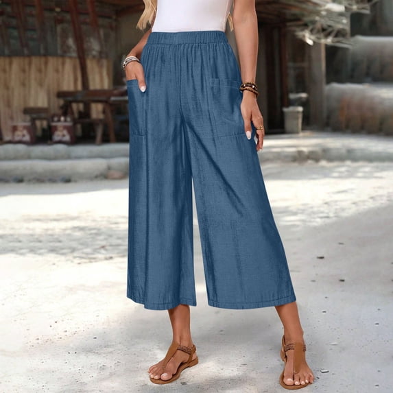 KIHOUT Women's Cotton Polyester Blend Wide Leg Cropped Pants - Elastic High Waist, Deep Side Pockets, Wrinkle Resistant, Casual Work Travel Daily Wear
