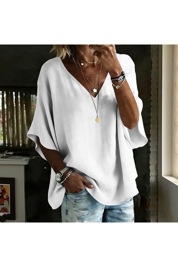 Women's Deep V-Neck Dolman Half Sleeve Blouse Loose Fit Casual Summer Top for Everyday Brunch Vacation and Beach Wear