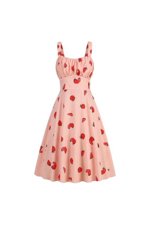 Women's Elastic Drawstring Dress Wide Strap Blouses Slim Fashion Ladies Strawberry Dress