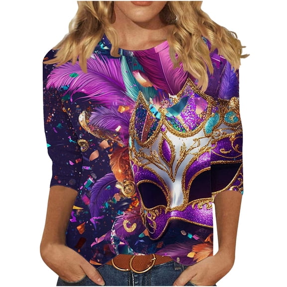 KIHOUT Women's Elegant Mardi Gras Mask & Rose 3/4 Sleeve Top - Ornate Print, Perfect for Carnival Dates & Dressy Outings (S-5XL)