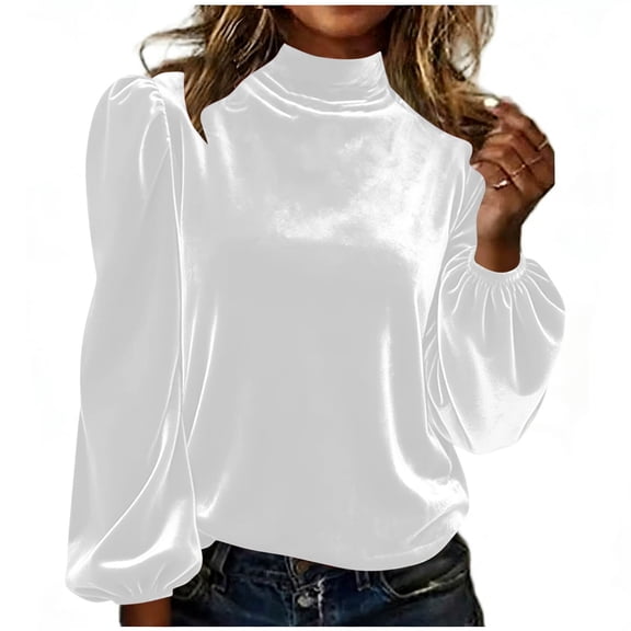 KIHOUT Women's Fashion Casual Solid Color Velvet Turtleneck Puff Sleeve Long Sleeve Top for All Season Casual Party Work Daily Wear
