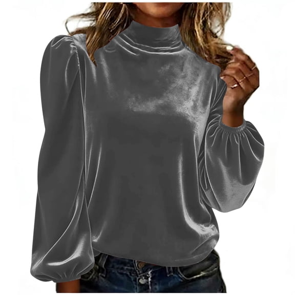 KIHOUT Women's Fashion Casual Solid Color Velvet Turtleneck Puff Sleeve Long Sleeve Top for All Season Casual Party Work Daily Wear