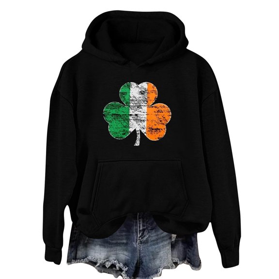 KIHOUT Women's Fashion Casual St. Patrick's Day Four-Leaf Clover Print Long Sleeve Hooded Sweatshirt for Fall Winter Spring Daily School