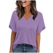 KIHOUT Women's Fashion Casual V-Neck Solid Ruffle Short Sleeve T-Shirt Daily Home Work Wear Top
