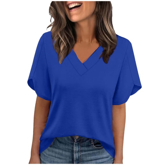 KIHOUT Women's Fashion Casual V-Neck Solid Ruffle Short Sleeve T-Shirt Daily Home Work Wear Top
