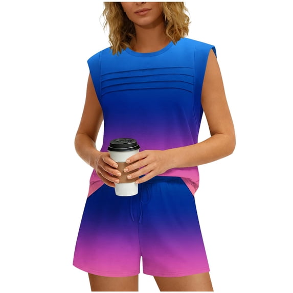 KIHOUT Women's Fashion Gradient Print Short Sleeve Top and Shorts Set Ruched Crew Neck Casual Loungewear Two Piece Outfit for Summer