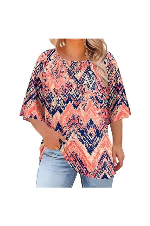 Women's Fashion Loose Casual Non-Positioned Geometric Zigzag Print Short Sleeve Round Neck Plus Size T-Shirt - Soft Polyester Spring Summer Daily Top