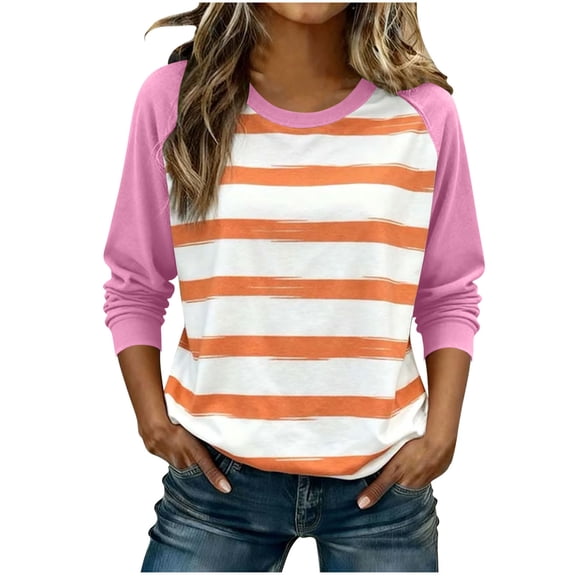 KIHOUT Women's Fashion Loose Striped Color Block Round Neck Drop Shoulder Long Sleeve Sweatshirt for Winter Spring Casual Daily Work Party Wear