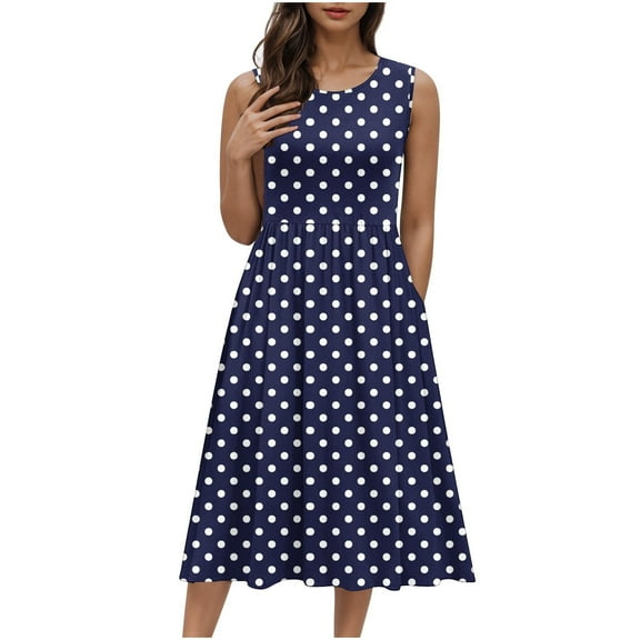KIHOUT Women's Fashion Wide Straps Dress Dot Printed Sleeveless Round Neck Pleated Midi Elastic Waist Boho Beach Dresses Blue 2XL