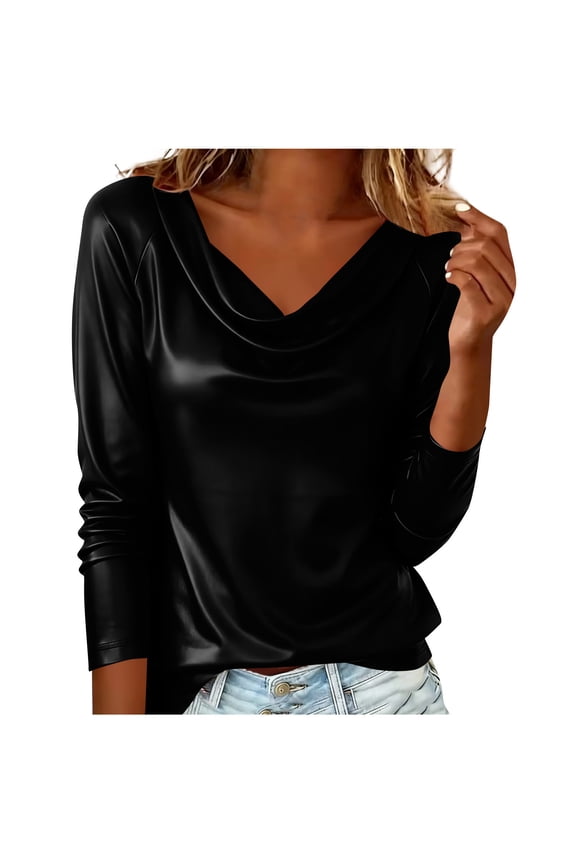 Women's Faux Leather Cowl V-Neck Long Sleeve Casual Pullover Top (S, M, L, XL, XXL)