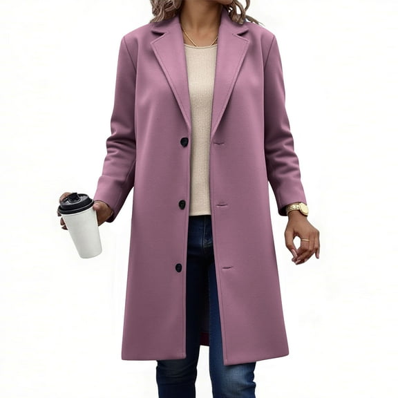 KIHOUT Women's Faux Wool Stand Collar Pea Coat - Mid-Length Thick Winter Jacket w/Inner Lining for Business Casual Office Wear