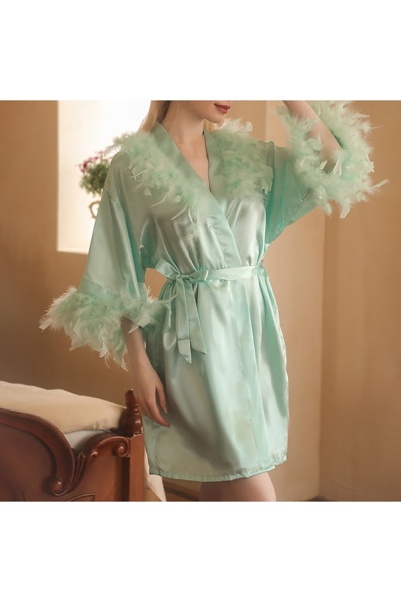 Women's Feather Trim Bride Kimono Robes Silky Satin Bathrobe Wedding Party Sleepwear
