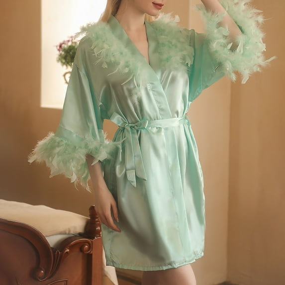 KIHOUT Women's Feather Trim Bride Kimono Robes Silky Satin Bathrobe Wedding Party Sleepwear