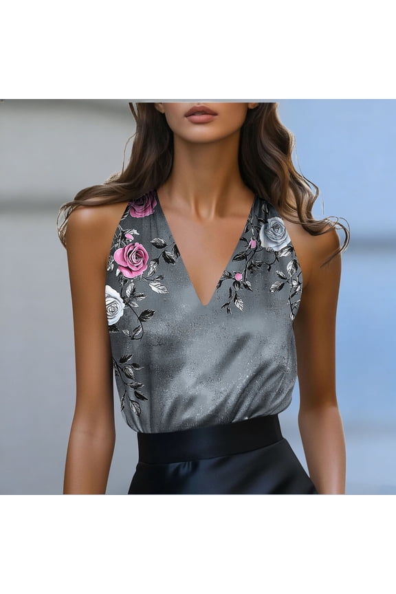 Women's Floral Print Halter Neck Sleeveless Blouse Deep V-Neck Form-Fitting Casual Top for Summer Evening Wear