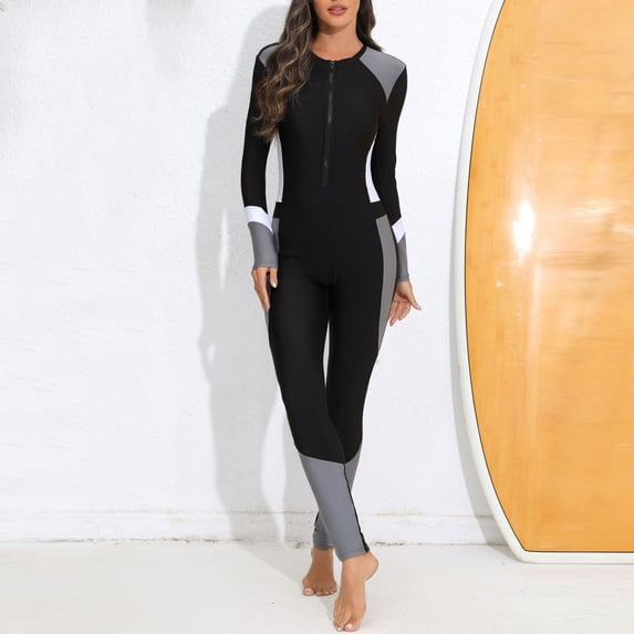 KIHOUT Women's Full Body Rash Guard | Zip Front Color Block UV Protection Wetsuit for Surfing, Diving & Water Sports