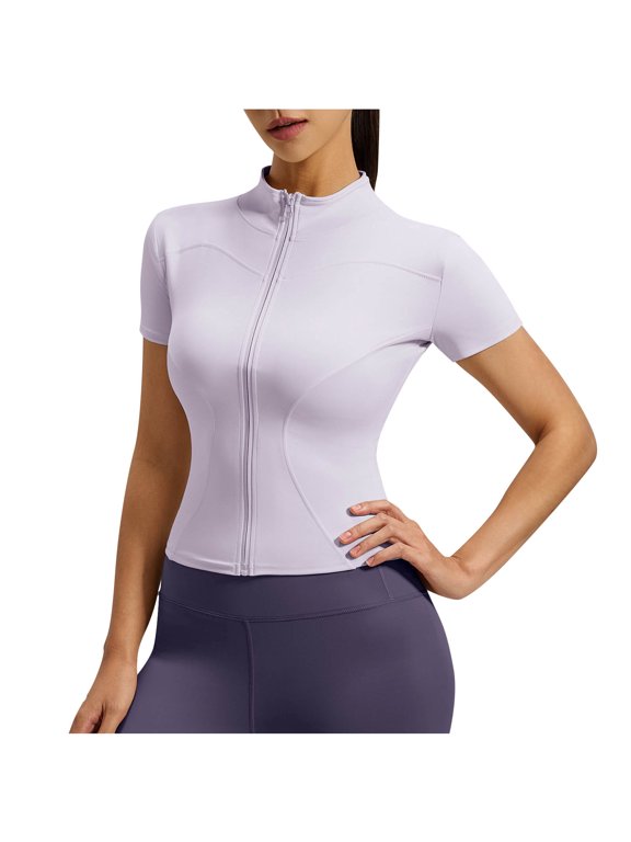Women's Full-Zip Mock Neck Yoga Top, Slim Fit Short Sleeve Compression Workout Shirt