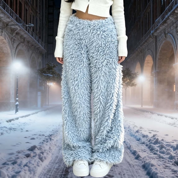 KIHOUT Women's Fuzzy Fluffy Wide Leg Pants Elastic High Waist Thick Warm Full Length Plush Casual Trousers With Side Pockets for Fall Winter Loungewear Streetwear
