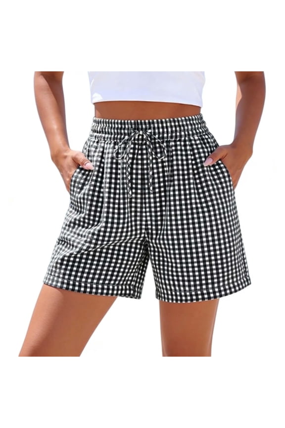 Women's Gingham Casual Shorts - 100% Polyester, Elastic Drawstring Waist, Side Pockets, Loose Fit for Home & Daily Wear