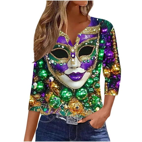 KIHOUT Women's Glamorous Glitter Printed 3/4 Sleeve Top - V-Neck, Great for Carnival Events & Street Style (S-XXXL)