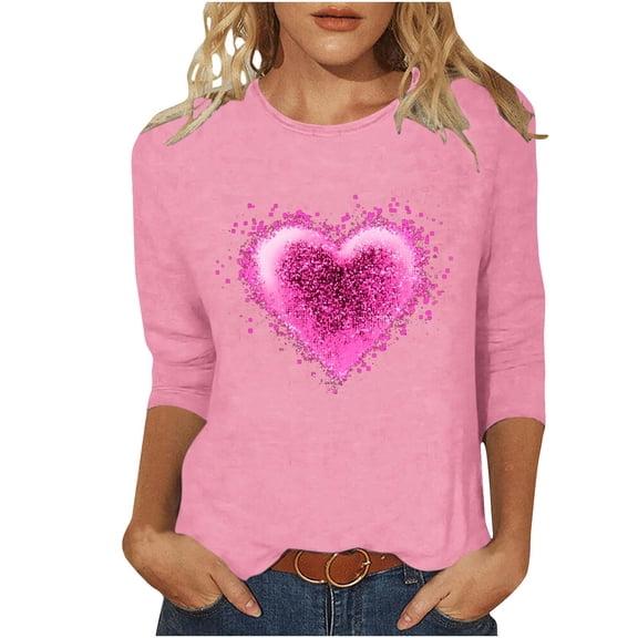 KIHOUT Women's Glamorous Pink Glitter Heart 3/4 Sleeve Top - Great for Valentine’s Dates & Parties (S-5XL)