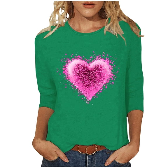 KIHOUT Women's Glamorous Pink Glitter Heart 3/4 Sleeve Top - Great for Valentine’s Dates & Parties (S-5XL)