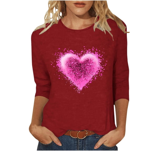 KIHOUT Women's Glamorous Pink Glitter Heart 3/4 Sleeve Top - Great for Valentine’s Dates & Parties (S-5XL)