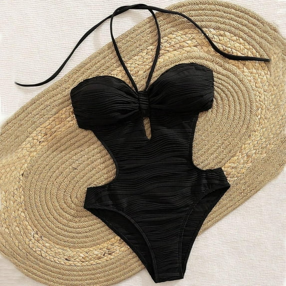 KIHOUT Women's Halter Neck One Piece Swimsuit Textured Fabric Cutout Design Polyester for Summer Beach Pool Vacation Swimwear