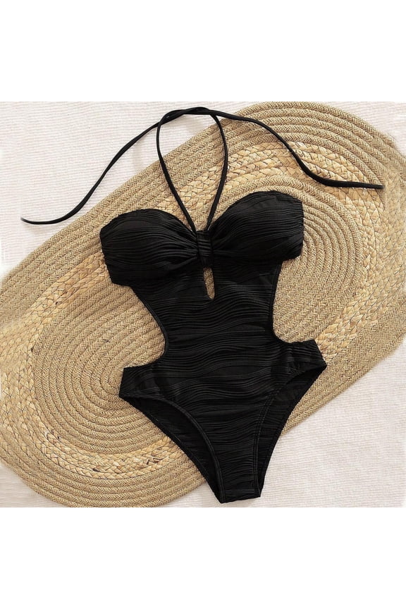 Women's Halter Neck One Piece Swimsuit Textured Fabric Cutout Design Polyester for Summer Beach Pool Vacation Swimwear