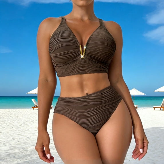 KIHOUT Women's Halter Ruched Deep V High-Waisted Two-Piece Bikini Set Hardware Detail Removable Padded Bra Beach Pool Summer Swimsuit