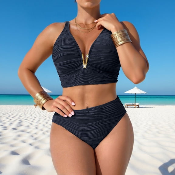 KIHOUT Women's Halter Ruched Deep V High-Waisted Two-Piece Bikini Set Hardware Detail Removable Padded Bra Beach Pool Summer Swimsuit