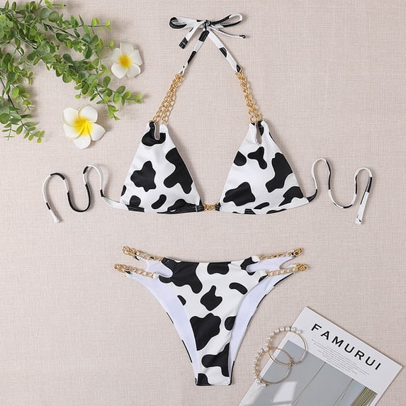 KIHOUT Women's Halter Triangle Bikini Set | Cow Print with Gold Chain Detail | Removable Pad Two Piece Bathing Suit