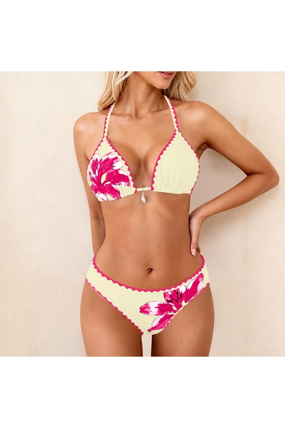 Women's Halter Triangle Bikini Swimsuit Set | Floral Print Scalloped Edge Bottom | Padded Two Piece Bathing Suit