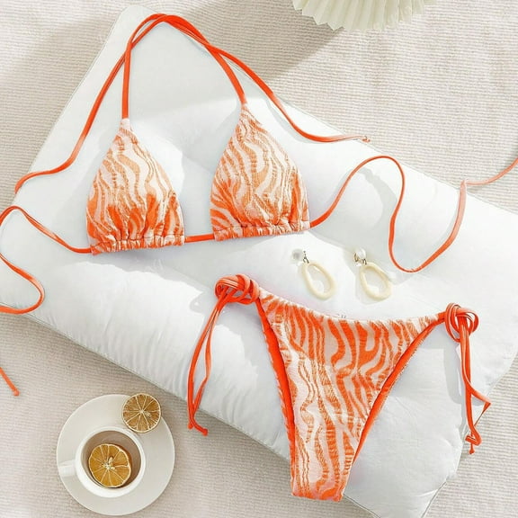 KIHOUT Women's Halter Triangle Cup Adjustable Lace-Up Zebra Print Split Bikini Two-Piece Swimsuit Beach Pool Summer Set