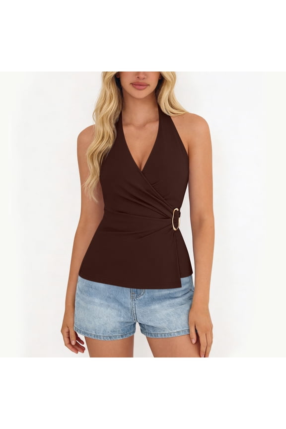 Women's Halter V Neck Wrap Sleeveless Top Ruched Ring Detail Casual Blouse for Summer