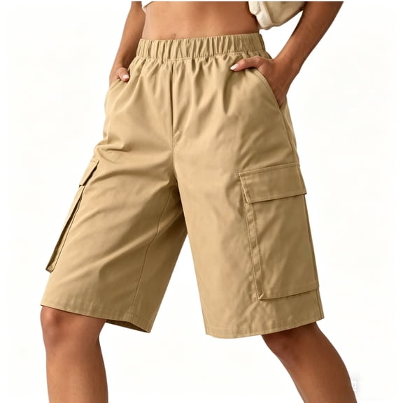 KIHOUT Women's High Waist Cargo Bermuda Shorts, Elastic Waist Multi-Pocket Casual Shorts, Cool Silk Cotton Cavalry Twill Knee-Length Shorts for Summer Outdoor Hiking & Daily Wear