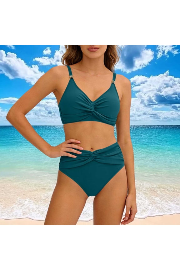 Women's High Waisted Solid Color Twist Front Two-Piece Bikini Swimsuit Sexy Fashion Beach Pool Summer Bathing Suit Set