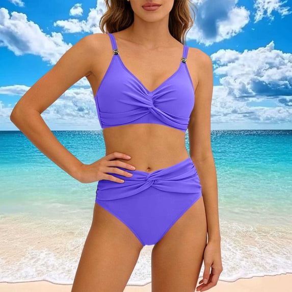 KIHOUT Women's High Waisted Solid Color Twist Front Two-Piece Bikini Swimsuit Sexy Fashion Beach Pool Summer Bathing Suit Set