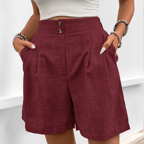 KIHOUT Women's High Waisted Straight Leg Casual Shorts - Nylon Spandex Blend, Double Button Closure, Front Pleats, Deep Side Pockets, Knee Length for Summer Daily & Office Casual