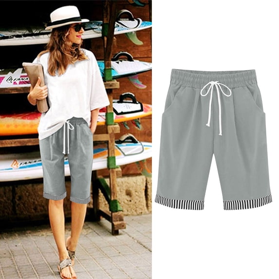 KIHOUT Women's Knee-Length Cotton Shorts - 100% Cotton, Elastic Drawstring Waist, Striped Cuffs, Side Pockets for Casual, Beach & All-Season Wear