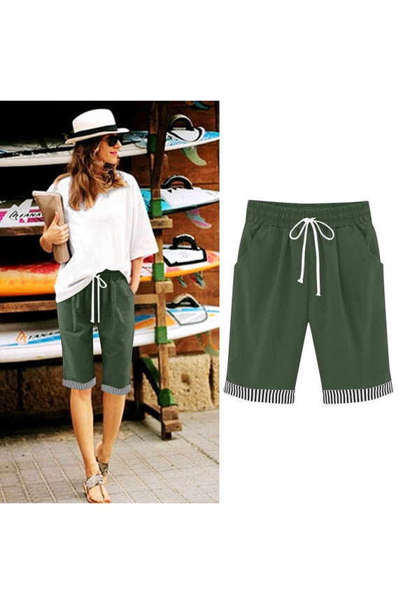 Women's Knee-Length Cotton Shorts - 100% Cotton, Elastic Drawstring Waist, Striped Cuffs, Side Pockets for Casual, Beach & All-Season Wear