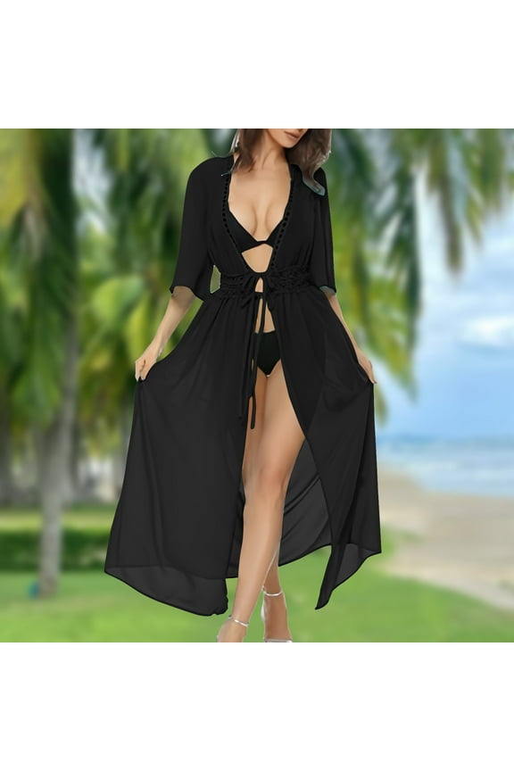 Women's Lace Trim Tie Waist Long Kimono Beach Cover Up | Sheer Open Front Cardigan for Swimwear & Vacation